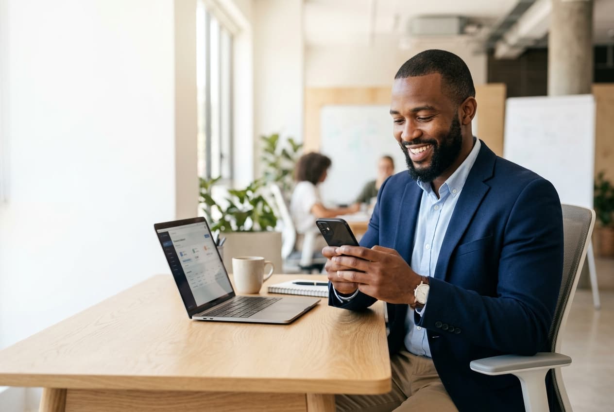 A professional using a phone and laptop in a bright workspace